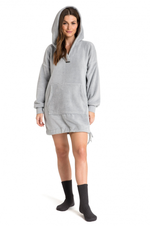 Bluza damska długa pluszowa oversize z kapturem szara LA081 Bluza damska długa pluszowa oversize z kapturem szara LA081