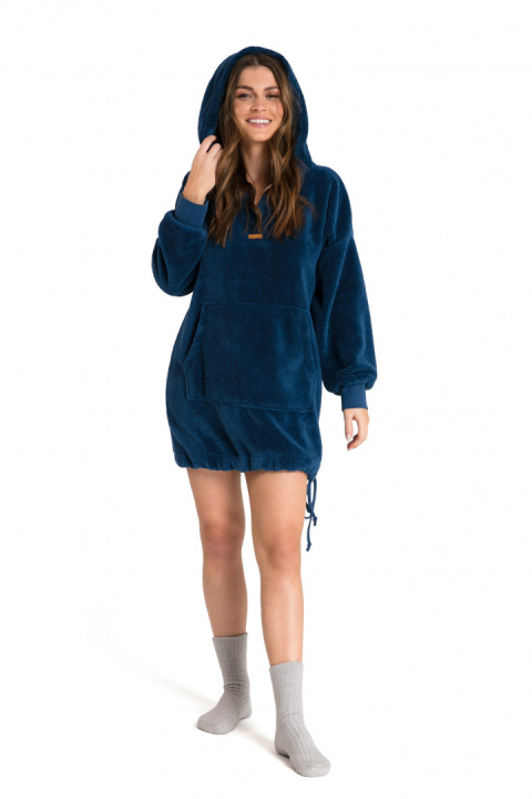 Bluza damska długa pluszowa oversize z kapturem granatowa LA081 Bluza damska długa pluszowa oversize z kapturem granatowa LA081