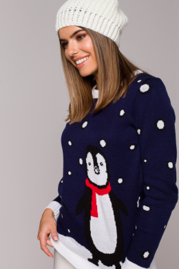 Sweter dasmki świąteczny z pingwinem granatowy MXS06