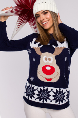 Sweter damski świąteczny z reniferem granatowy MXS04