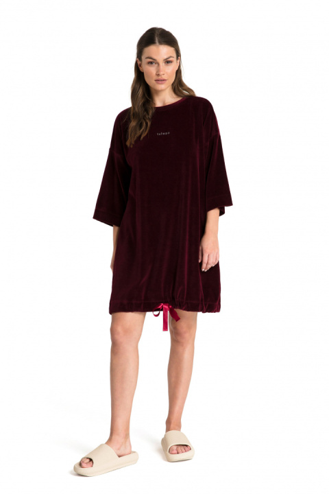 Tunika welurowa oversize wiązana na dole krótki rękaw bordowa LA083 Tunika welurowa oversize wiązana na dole krótki rękaw bordowa LA083
