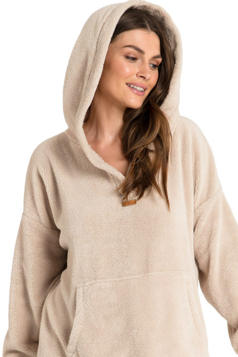 Bluza damska długa pluszowa oversize z kapturem cappuccino LA081 Bluza damska długa pluszowa oversize z kapturem cappuccino LA081