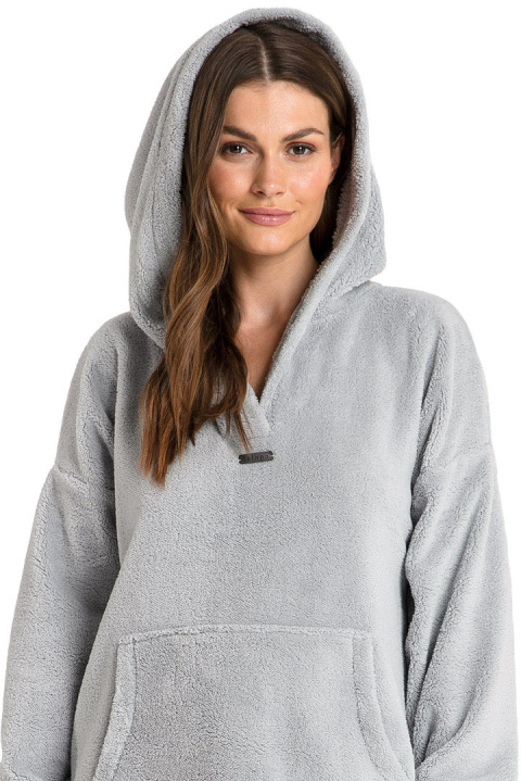 Bluza damska długa pluszowa oversize z kapturem szara LA081 Bluza damska długa pluszowa oversize z kapturem szara LA081