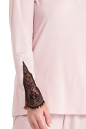 Bluzka damska do spania z koronką z wiskozy długi rękaw różowa LA072