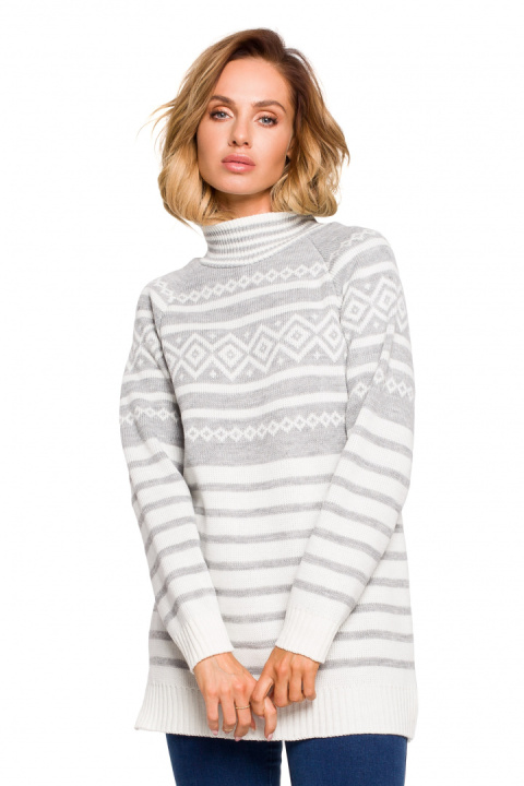 Długi sweter damski z półgolfem w prążki popielaty MXS08