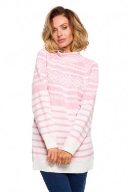 Długi sweter damski z półgolfem w prążki różówy MXS08