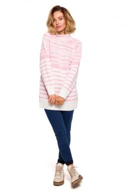 Długi sweter damski z półgolfem w prążki różówy MXS08