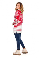 Długi sweter damski z półgolfem w prążki czerwony MXS08