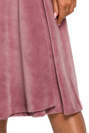 Elegancka sukienka midi rozkloszowana welurowa dekolt V brudny róż me645