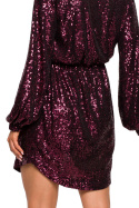 Sukienka mini cekinowa z gumką dekolt V długi rękaw wino me652