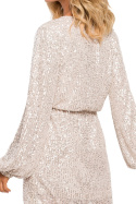 Sukienka mini cekinowa z gumką dekolt V długi rękaw szampańska me652