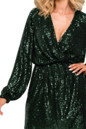 Sukienka mini cekinowa z gumką dekolt V długi rękaw zielona me652