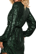 Sukienka mini cekinowa z gumką dekolt V długi rękaw zielona me652