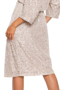 Wyjątkowa sukienka midi cekinowa wiązana paskiem dekolt V szampańska me653