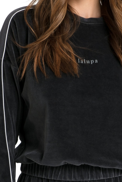 Bluza damska welurowa krótka dzianinowa z gumką grafitowa LA084 Bluza damska welurowa krótka dzianinowa z gumką grafitowa LA084