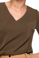 Elegancka bluzka damska gładka dekolt V szerokie rękawy khaki S272