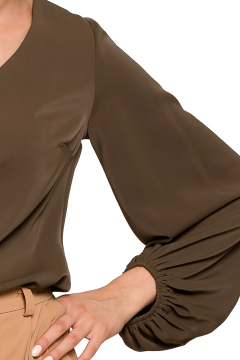 Elegancka bluzka damska gładka dekolt V szerokie rękawy khaki S272 Elegancka bluzka damska gładka dekolt V szerokie rękawy khaki S272