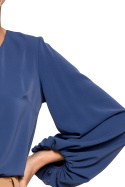 Elegancka bluzka damska gładka dekolt V szerokie rękawy niebieska S272