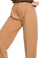 Spodnie damskie klasyczne na kant proste szerokie nogawki kamelowe S283