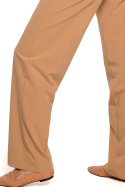 Spodnie damskie klasyczne na kant proste szerokie nogawki kamelowe S283