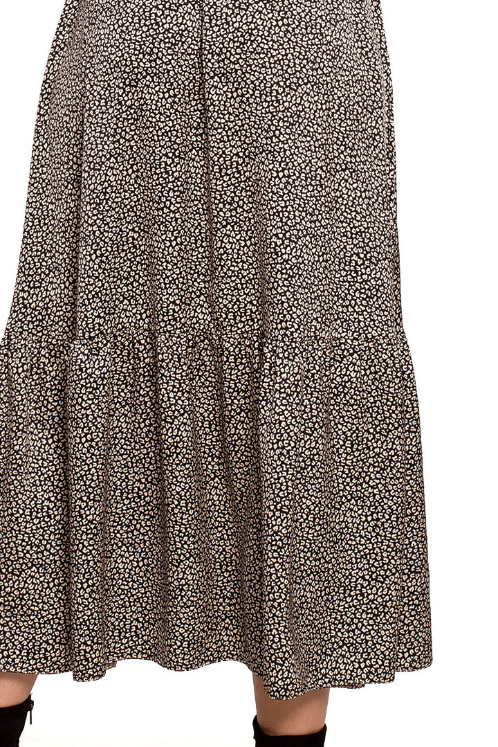 Sukienka maxi z falbaną wiązana długi rękaw lamparcie cętki m1 S290