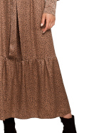 Sukienka maxi z falbaną wiązana długi rękaw lamparcie cętki m2 S290