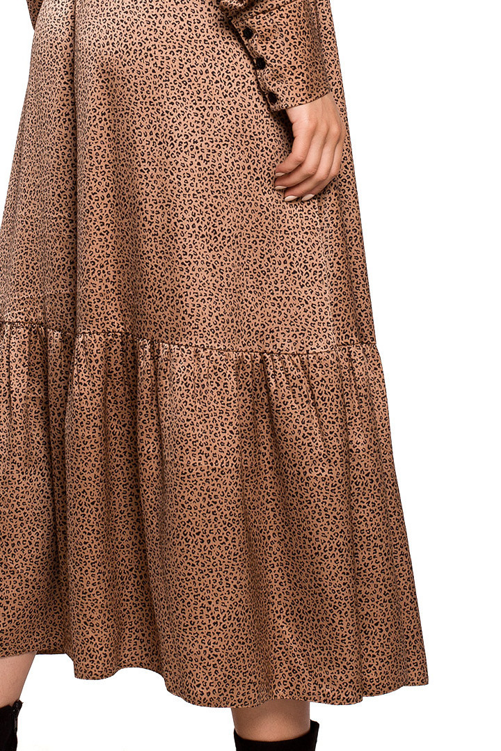 Sukienka maxi z falbaną wiązana długi rękaw lamparcie cętki m2 S290