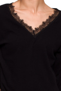 Sweter damski luźny z dekoltem V z koronką dzianinowy czarny S274