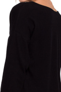 Sweter damski luźny z dekoltem V z koronką dzianinowy czarny S274