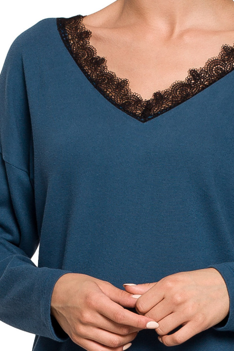 Sweter damski luźny z dekoltem V z koronką dzianinowy morski S274 Sweter damski luźny z dekoltem V z koronką dzianinowy morski S274