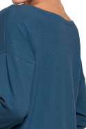 Sweter damski luźny z dekoltem V z koronką dzianinowy morski S274