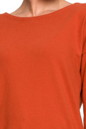 Sweter damski luźny z dekoltem V z koronką dzianinowy rudy S274