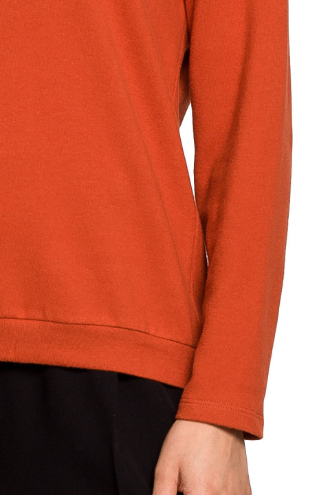 Sweter damski luźny z dekoltem V z koronką dzianinowy rudy S274 Sweter damski luźny z dekoltem V z koronką dzianinowy rudy S274