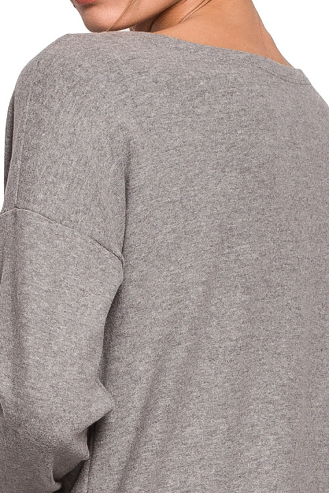 Sweter damski luźny z dekoltem V z koronką dzianinowy szary S274 Sweter damski luźny z dekoltem V z koronką dzianinowy szary S274