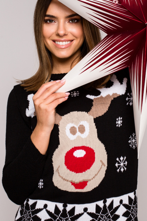 Sweter damski świąteczny z reniferem czarny MXS04 Sweter damski świąteczny z reniferem czarny MXS04