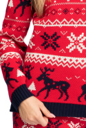 Sweter damski świąteczny wzór w renifery i śnieżki czerwony LA091