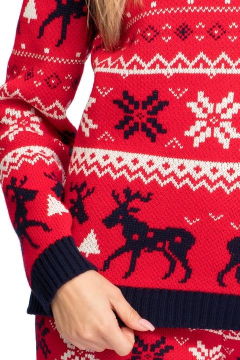 Sweter damski świąteczny wzór w renifery i śnieżki czerwony LA091 Sweter damski świąteczny wzór w renifery i śnieżki czerwony LA091