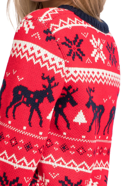 Sweter damski świąteczny wzór w renifery i śnieżki czerwony LA091 Sweter damski świąteczny wzór w renifery i śnieżki czerwony LA091