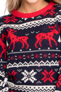 Sweter damski świąteczny wzór w renifery i śnieżki granatowy LA091
