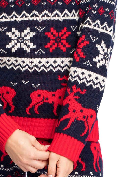 Sweter damski świąteczny wzór w renifery i śnieżki granatowy LA091 Sweter damski świąteczny wzór w renifery i śnieżki granatowy LA091