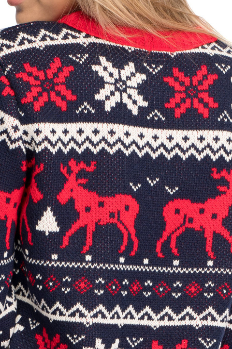 Sweter damski świąteczny wzór w renifery i śnieżki granatowy LA091 Sweter damski świąteczny wzór w renifery i śnieżki granatowy LA091