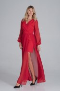 Sukienka maxi z dekoltem V długi szyfonowy rękaw czerwona M850