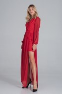 Sukienka maxi z dekoltem V długi szyfonowy rękaw czerwona M850