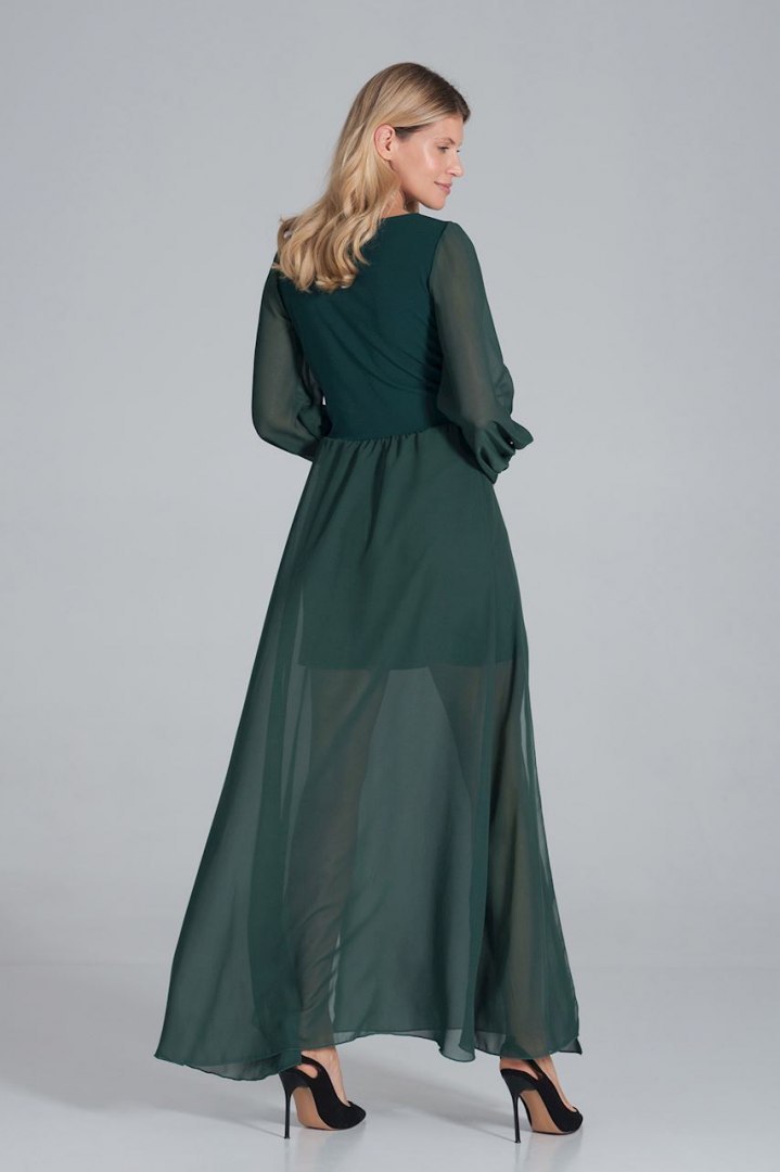 Sukienka maxi z dekoltem V długi szyfonowy rękaw zielona M850