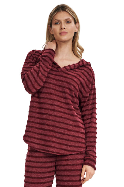 Bluza damska ciepła z kapturem luźny dekolt serek V bordowa M812 Bluza damska ciepła z kapturem luźny dekolt serek V bordowa M812