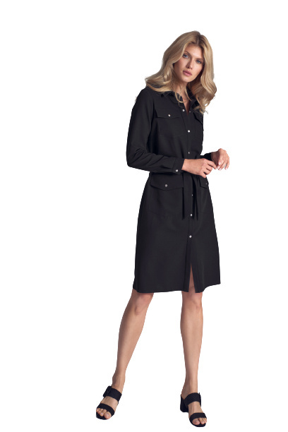 Sukienka koszulowa midi z długim rękawem wiązana w pasie czarna M706
