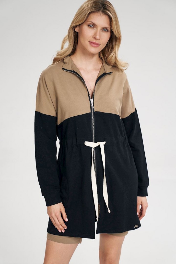 Bluza damska długa rozpinana wiązana bawełniana czarny-beż M784 Bluza damska długa rozpinana wiązana bawełniana czarny-beż M784