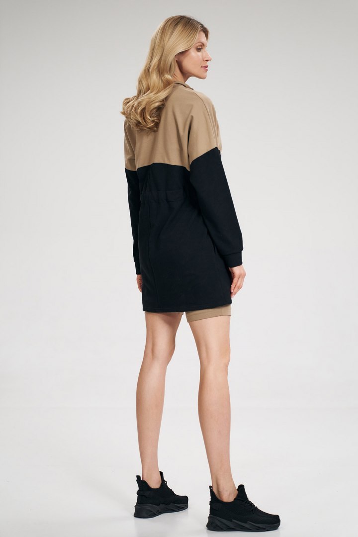 Bluza damska długa rozpinana wiązana bawełniana czarny-beż M784