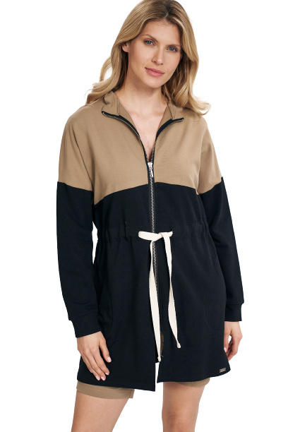 Bluza damska długa rozpinana wiązana bawełniana czarny-beż M784 Bluza damska długa rozpinana wiązana bawełniana czarny-beż M784