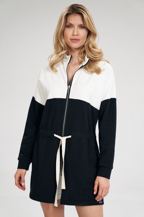 Bluza damska długa rozpinana wiązana bawełniana czarny-ecru M784 Bluza damska długa rozpinana wiązana bawełniana czarny-ecru M784
